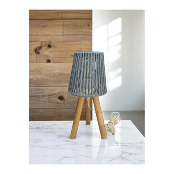 Üç Ayak Mini Ahşap Abajur (Bebe Mavi Makrome İp Başlık)
