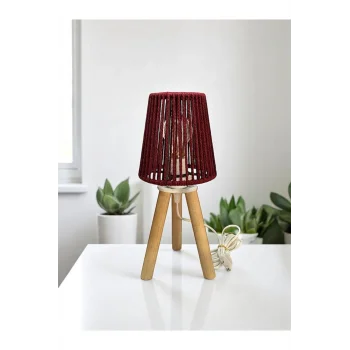 Üç Ayak Mini Ahşap Abajur (Bordo Makrome İp Başlık)