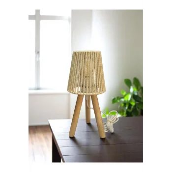 Üç Ayak Mini Ahşap Abajur (Ekru Makrome İp Başlık)