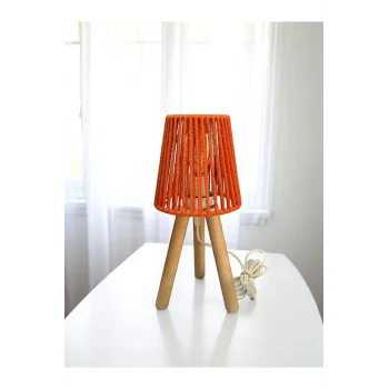 Üç Ayak Mini Ahşap Abajur (Turuncu Makrome İp Başlık)