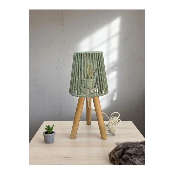 Üç Ayak Mini Ahşap Abajur (Küf Yeşili Makrome İp Başlık)