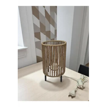 Makrome İpli Metal Masa ve Gece Lambası (Silindir - Koyu Bej)