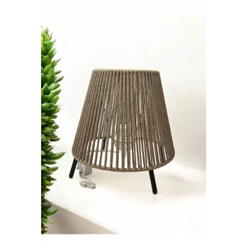 Makrome İpli Metal Masa ve Gece Lambası (Konik - Koyu Bej)