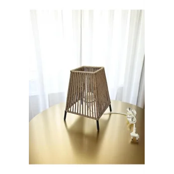 Makrome İpli Metal Masa ve Gece Lambası (Kare Konik- Koyu Bej)