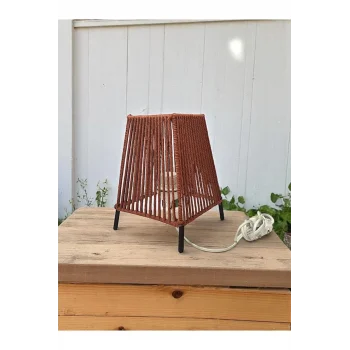 Makrome İpli Metal Masa ve Gece Lambası (Kare Konik - Kiremit)