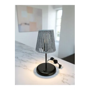 Lyris - Makrome Abajur, Mini Masa Lambası (Bebe Mavi Başlık, Siyah Ayak)