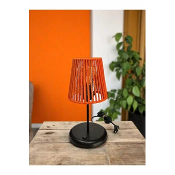 Lyris - Makrome Abajur, Mini Masa Lambası (Turuncu Başlık, Siyah Ayak)