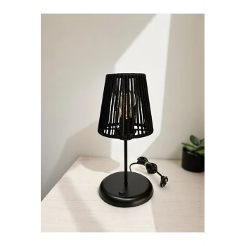 Lyris - Makrome Abajur, Mini Masa Lambası (Siyah Başlık, Siyah Ayak)
