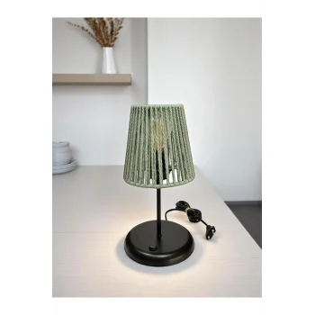 Lyris - Makrome Abajur, Mini Masa Lambası (Küf Yeşili Başlık, Siyah Ayak)