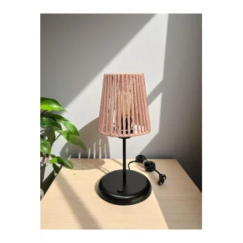 Lyris - Makrome Abajur, Mini Masa Lambası (Pudra Başlık, Siyah Ayak)