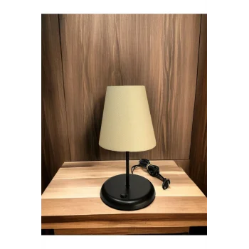 Lyris - Pvc Abajur, Mini Masa Lambası (Ekru Başlık, Siyah Ayak)