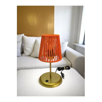 Lyris - Makrome Abajur, Mini Masa Lambası (Turuncu Başlık, Gold Ayak)