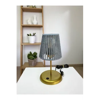 Lyris - Makrome Abajur, Mini Masa Lambası (Bebe Mavi Başlık, Gold Ayak)