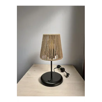 Lyris - Makrome Abajur, Mini Masa Lambası (Kum Beji Başlık, Siyah Ayak)