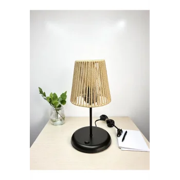 Lyris - Makrome Abajur, Mini Masa Lambası (Ekru Başlık, Siyah Ayak)