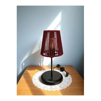 Lyris - Makrome Abajur, Mini Masa Lambası (Bordo Başlık, Siyah Ayak)