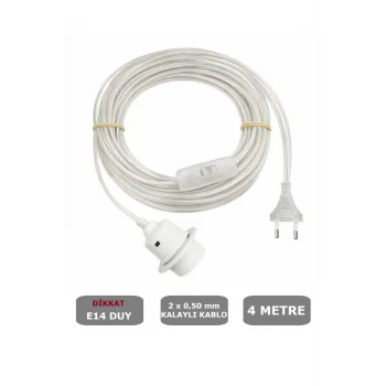 E14 Beyaz Duylu, 4 Metre Arapuarlı (Aç Kapat Anahtar) (2X0,50) (ŞEFFAF KABLO) 65W