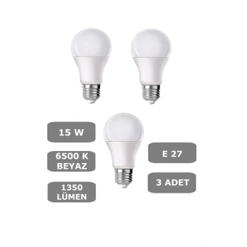 15W E27 Led Ampul 6500K Beyaz Işık (1350 Lümen) (3 Adet)
