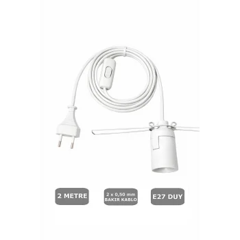 E27 Duylu 2 Metre Arapuarlı (Aç Kapat Anahtar) Yaylı Duy (2X0,50) (Beyaz) 65W