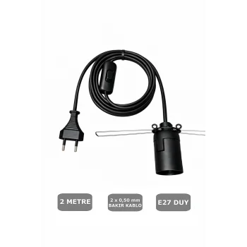 E27 Duylu 2 Metre Arapuarlı (Aç Kapat Anahtar) Yaylı Duy (2X0,50) (Siyah) 65W