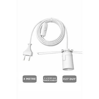 E27 Duylu 4 Metre Arapuarlı (Aç Kapat Anahtar) Yaylı Duy (2X0,50) (Beyaz) 65W