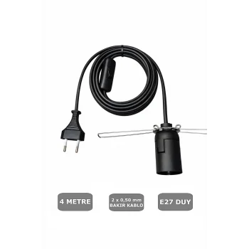 E27 Duylu 4 Metre Arapuarlı (Aç Kapat Anahtar) Yaylı Duy (2X0,50) (Siyah) 65W