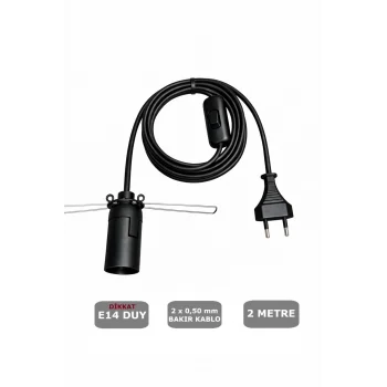 E14 Duylu 2 Metre Arapuarlı, Tuz Lambası Duyu Yaylı (2X0,50) (Siyah) 65W