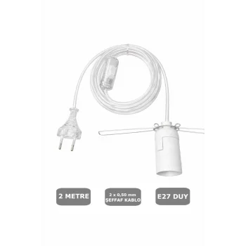 Şeffaf Kablolu E27 Yaylı Beyaz Duylu, 2 Metre Arapuarlı (2X0,50) 65W