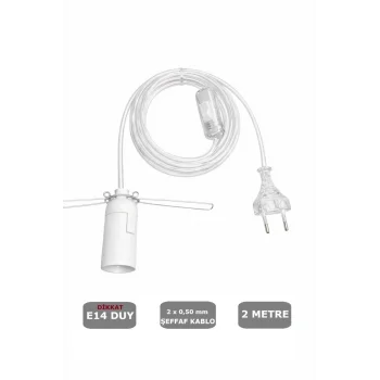 Şeffaf Kablolu E14 Yaylı Beyaz Duylu, Tuz Lambası Duyu 2 Metre Arapuarlı (2X0,50) 65W