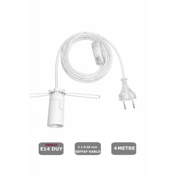 Şeffaf Kablolu E14 Yaylı Beyaz Duylu, Tuz Lambası Duyu 4 Metre Arapuarlı (2X0,50) 65W
