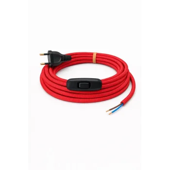 Kumaş Örgü Kablolu, Arapuar Anahtarlı Fiş (2X0,50) Kırmızı - 2 Metre