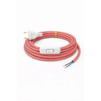 Kumaş Örgü Kablolu, Arapuar Anahtarlı Fiş (2X0,50) Kırmızı Beyaz Zigzag - 2 Metre