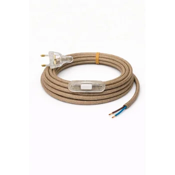 Kumaş Örgü Kablolu, Arapuar Anahtarlı Fiş (2X0,50) Haki-Kahve Zigzag - 2 Metre