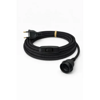 E27 Duy, Kumaş Örgü Kablolu, Arapuar Anahtarlı Fiş (2X0,50) Siyah 2 Metre