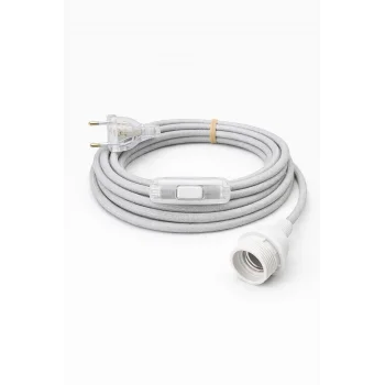 E27 Duy, Kumaş Örgü Kablolu, Arapuar Anahtarlı Fiş (2X0,50) Simli Gümüş 2 Metre