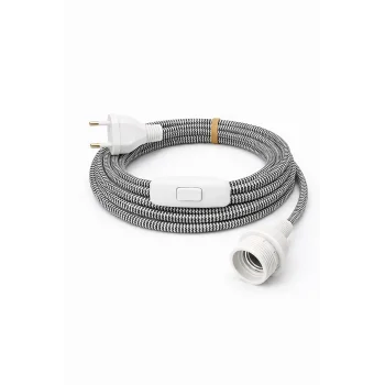 E27 Duy, Kumaş Örgü Kablolu, Arapuar Anahtarlı Fiş (2X0,50) Siyah-Beyaz Zigzag 2 Metre