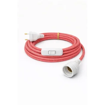 E27 Duy, Kumaş Örgü Kablolu, Arapuar Anahtarlı Fiş (2X0,50) Kırmızı-Beyaz Zigzag 2 Metre