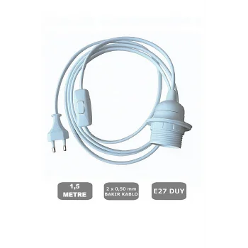 E27 Duylu 1,5 Metre Arapuarlı (Aç Kapat Anahtar) Fişli Abajur Duyu Seyyar (2X0,50) (Beyaz) 65W