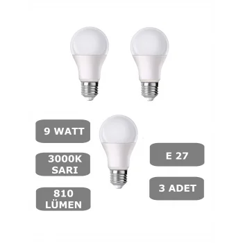 9W E27 Led Ampul 3000K Sıcak Sarı Işık (3 Adet)