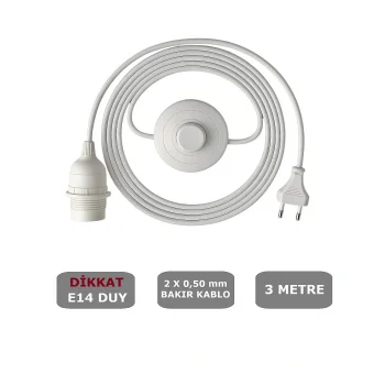 E14 Duylu 3 Metre Yerpuarlı (AÇ KAPAT ANAHTAR) Fişli Seyyar (2X0,50) (BEYAZ)