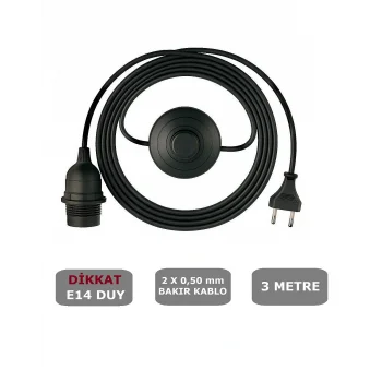E14 Duylu 3 Metre Yerpuarlı (AÇ KAPAT ANAHTAR) Fişli Seyyar (2X0,50) (SİYAH)