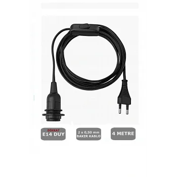 E14 Duylu 4 Metre Arapuarlı (AÇ KAPAT ANAHTAR) Fişli Seyyar (2X0,50) (SİYAH)