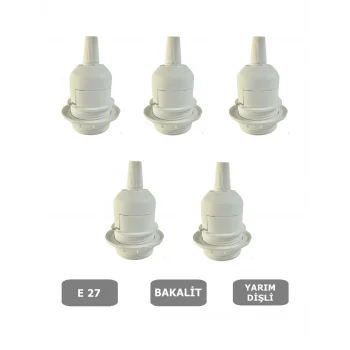 E27 Duy Geçmeli Yarım Diş Avize, Abajur, Lambader Duyu Halkalı - Bakalit Beyaz (250V-4A) 5 Adet