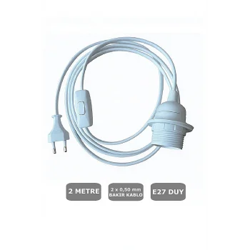 E27 Duylu 2 Metre Arapuarlı (Aç Kapat Anahtar) Fişli Abajur Duyu Seyyar (2X0,50) (Beyaz)