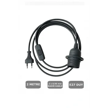 E27 Duylu 2 Metre Arapuarlı (Aç Kapat Anahtar) Fişli Abajur Duyu Seyyar (2X0,50) (Siyah)