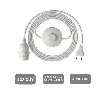 E27 Duylu 3 Metre Yerpuarlı (AÇ KAPAT ANAHTAR) Fişli Seyyar (2X0,50) (BEYAZ)