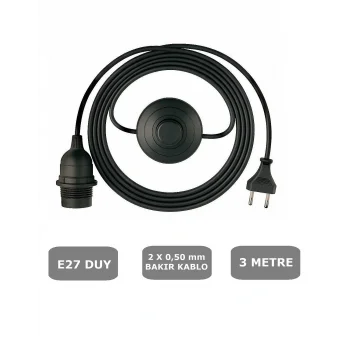 E27 Duylu 3 Metre Yerpuarlı (AÇ KAPAT ANAHTAR) Fişli Seyyar (2X0,50) (SİYAH)