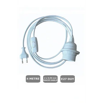 E27 Duylu 4 Metre Arapuarlı (Aç Kapat Anahtar) Fişli Abajur Duyu Seyyar (2X0,50) (Beyaz)