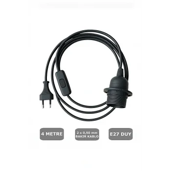 E27 Duylu 4 Metre Arapuarlı (Aç Kapat Anahtar) Fişli Abajur Duyu Seyyar (2X0,50) (Siyah)
