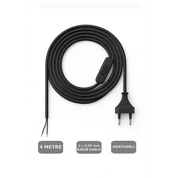Fişli Arapuarlı Kablo (Yassı)- Anahtarlı (2X0,50) Siyah - 4 Metre